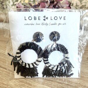 NWT Lobe Love Black & White Seed Beaded Fringe Drop Statement Boho Earrings